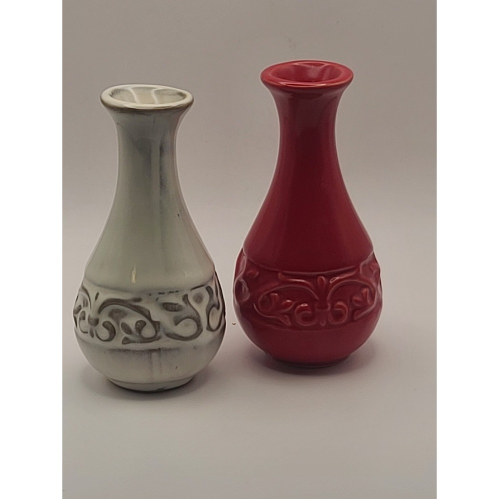 Elegant Expressions Embossed Miniature Vases-2 Red & Beige 4" Mini Trinket VGC